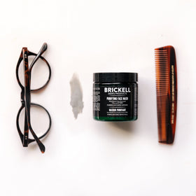 Brickell mask on bathroom shelf in lifestyle setting, daily routine benefit