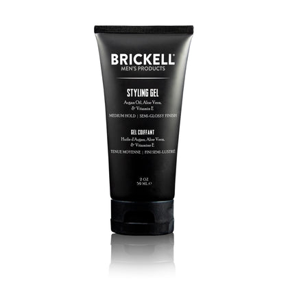 Brickell Men's Products hair gel front packaging showing 2 oz size and brand benefit
