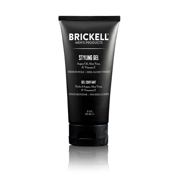 Brickell Men's Products hair gel front packaging showing 2 oz size and brand benefit