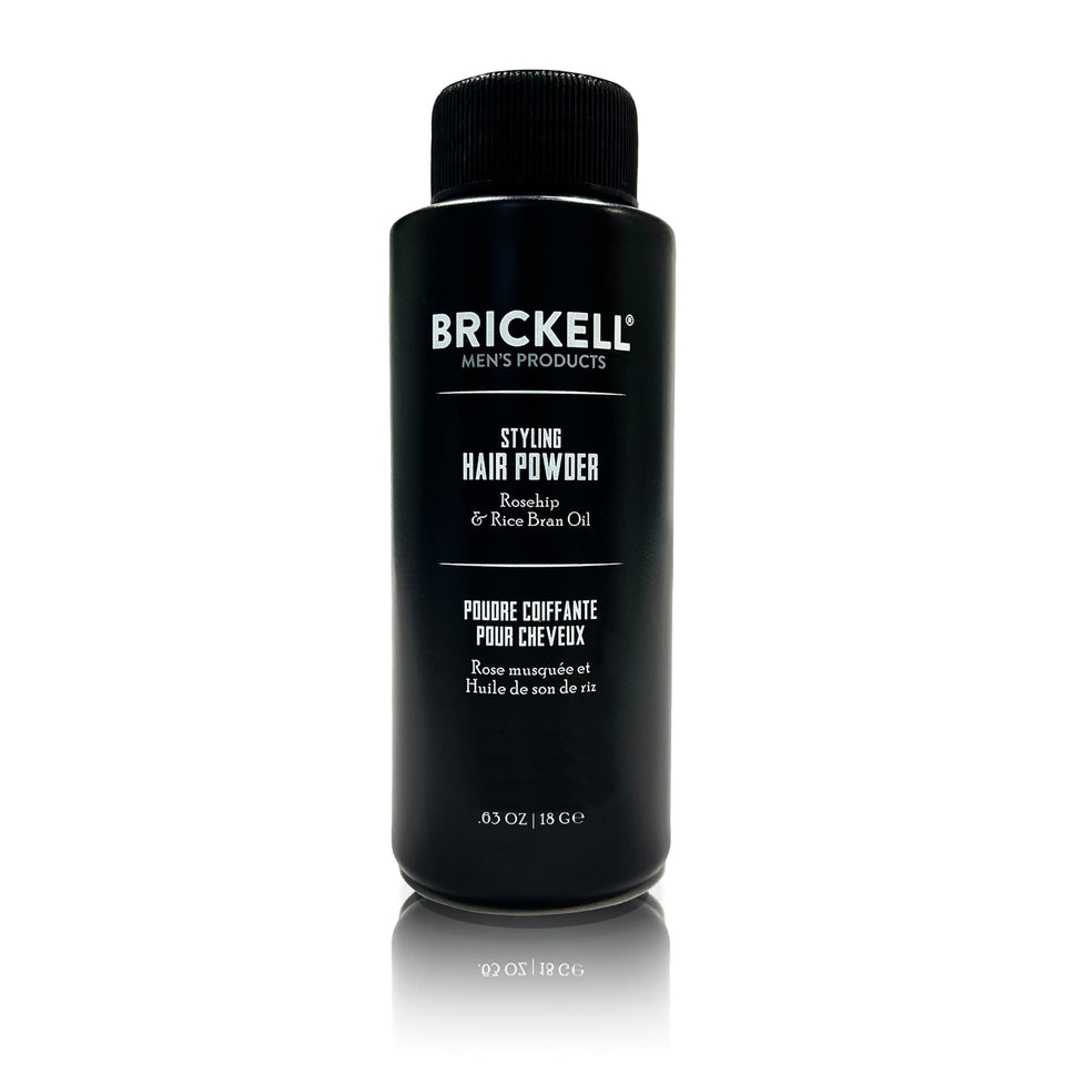 Brickell Men's Products hair powder front packaging showing 18g compact for travel