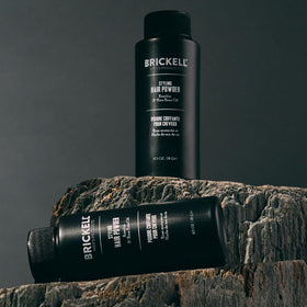 Rosehip and rice bran visuals with Brickell Men's label indicating gentle nourishment