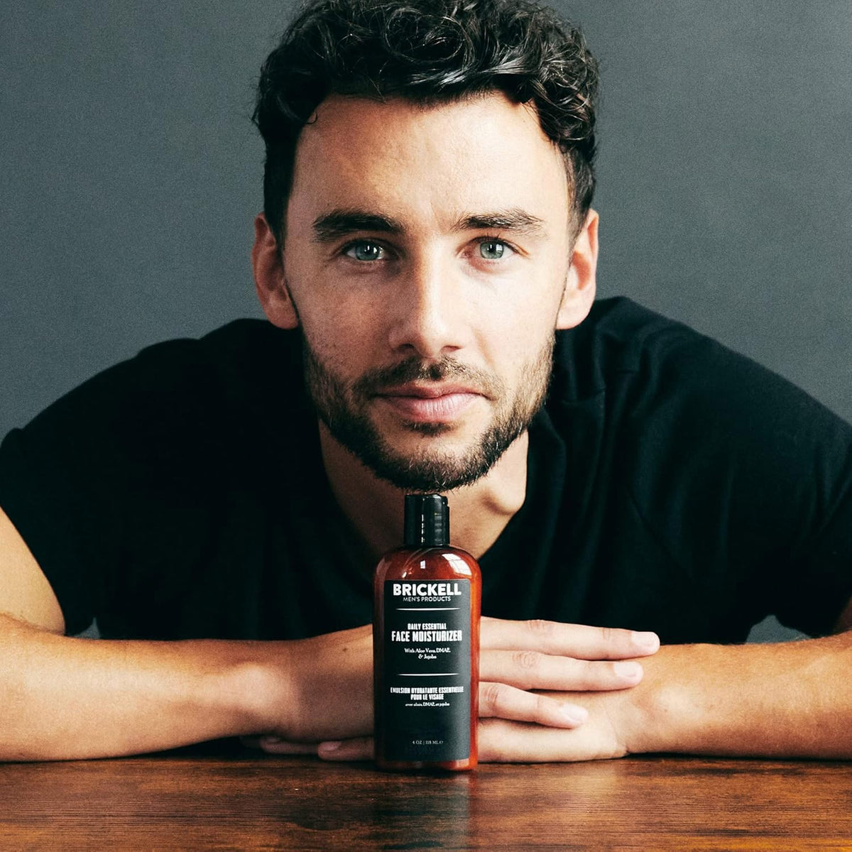 Brickell Men's Products on bathroom vanity in routine setting promoting simple grooming