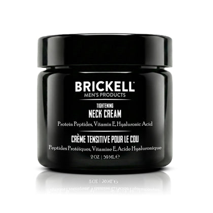 Brickell Men's Products front packaging showing the tightening neck cream, clear branding and benefit