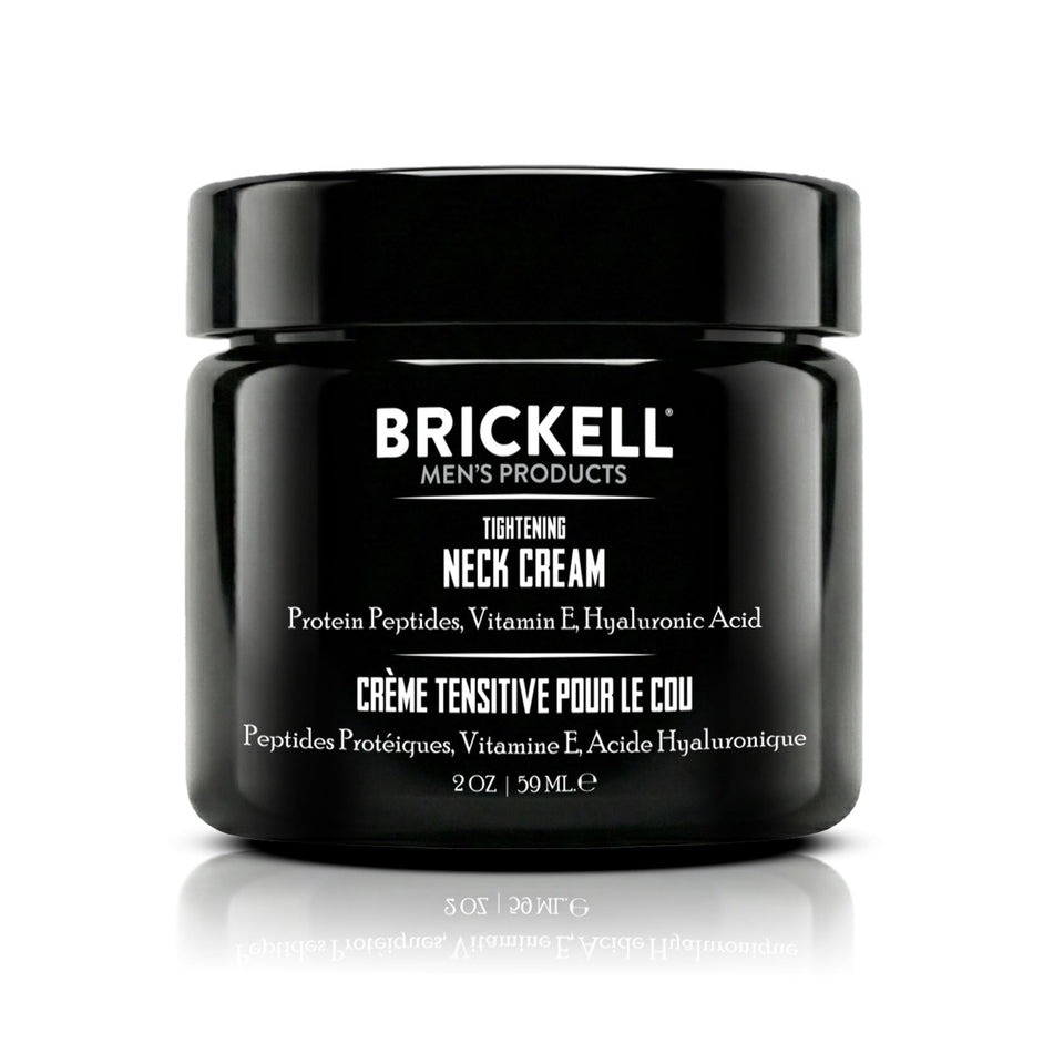 Brickell Men's Products front packaging showing the tightening neck cream, clear branding and benefit