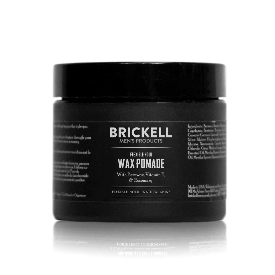 Brickell Men's pomade jar front view showing brand and compact size benefit