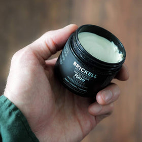 Brickell Men's Products label close-up displaying ingredients and performance benefit