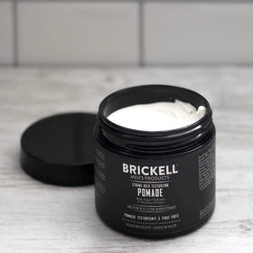 Brickell Men's Products jar on bathroom shelf showing everyday grooming convenience benefit