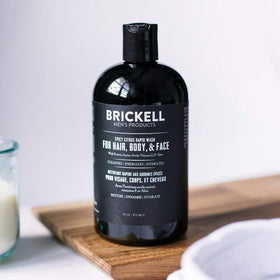 Brickell Men's Rapid Wash pump and label detail highlighting ingredients and instructions