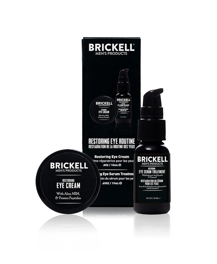 Brickell product front packaging showing the unscented eye set and clear benefits