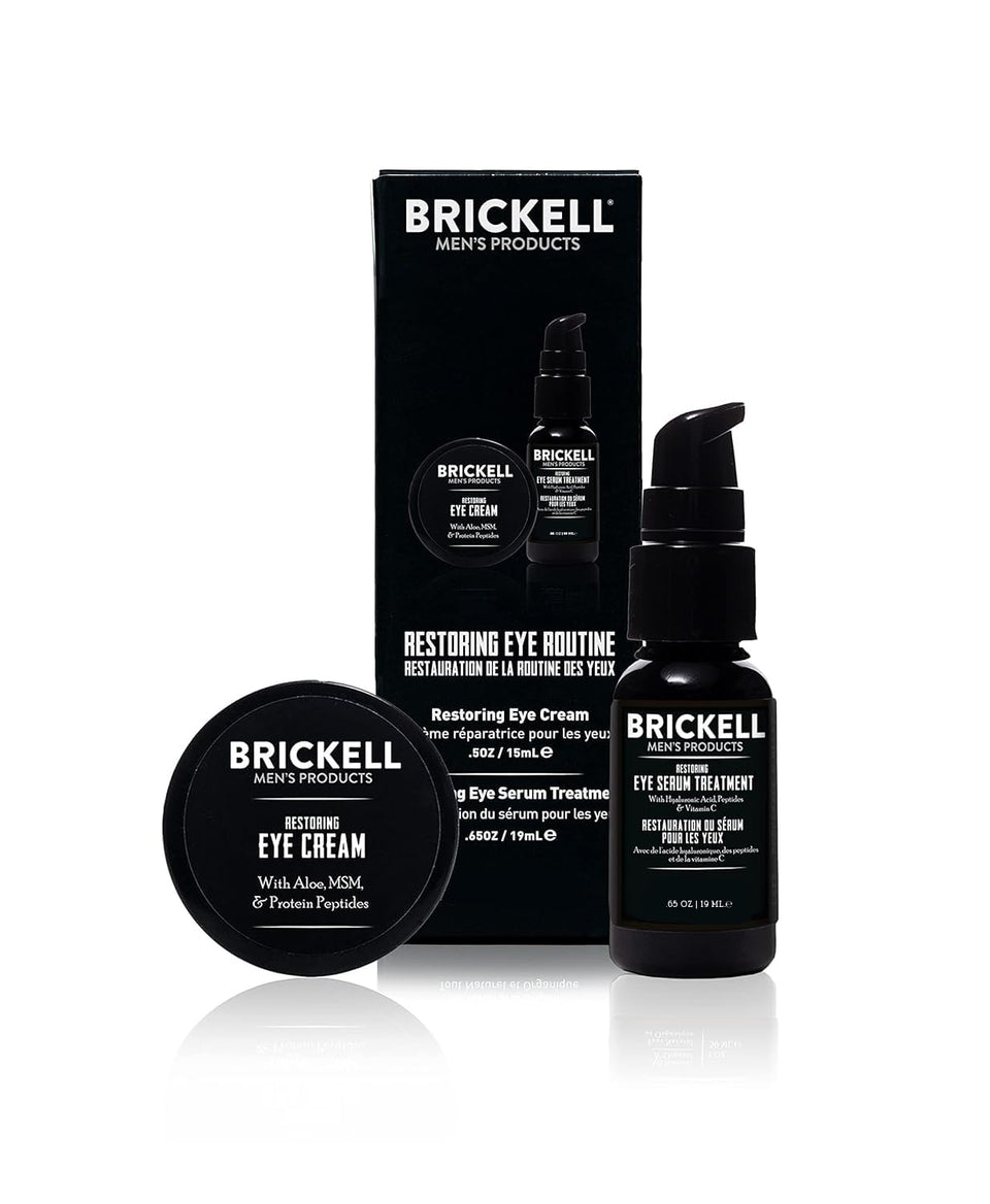 Brickell product front packaging showing the unscented eye set and clear benefits