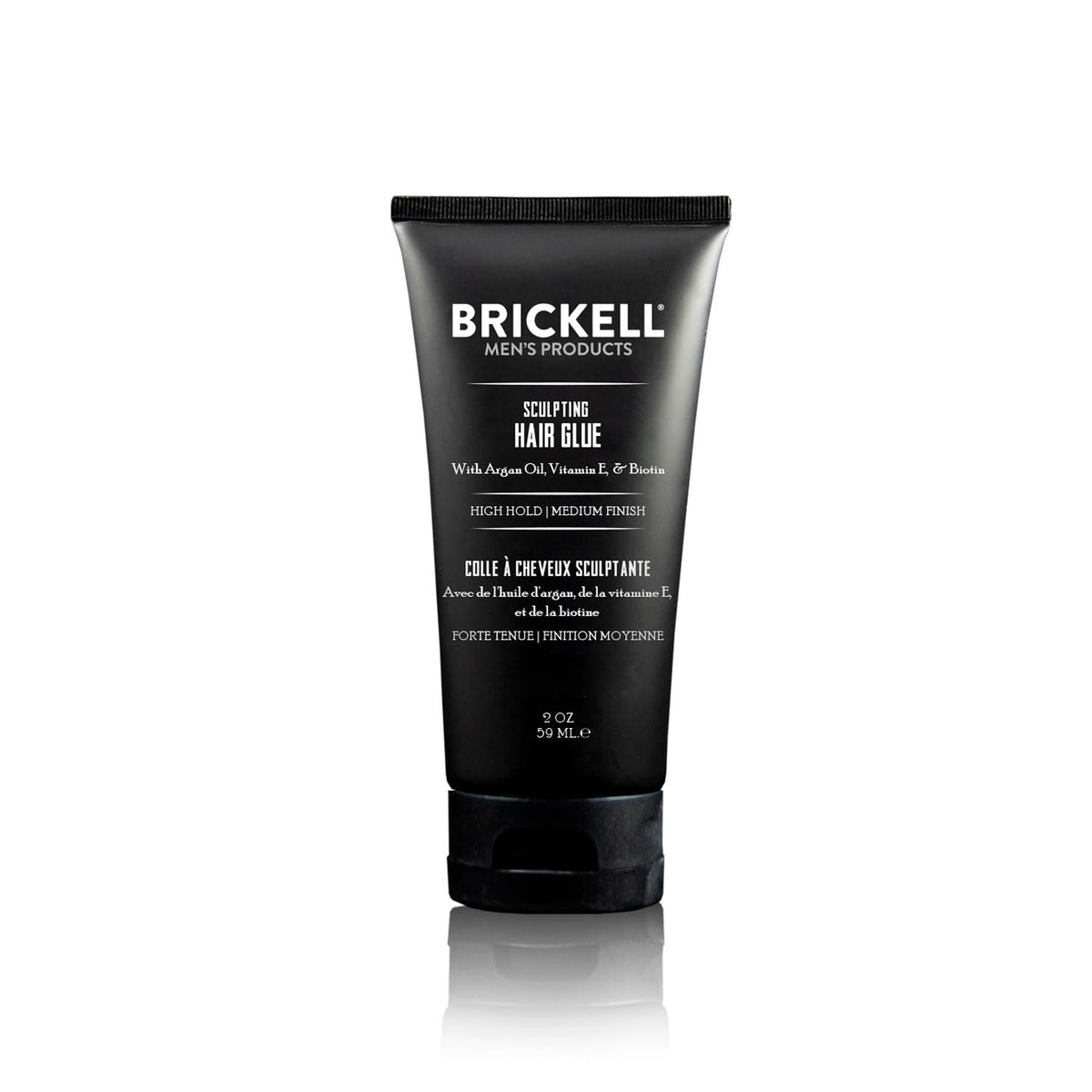 Brickell sculpting hair glue front packaging shows compact travel-ready tube and branding benefit