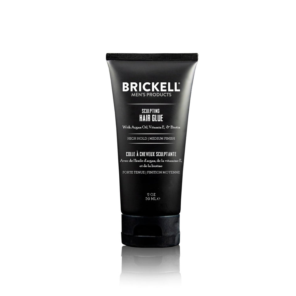 Brickell sculpting hair glue front packaging shows compact travel-ready tube and branding benefit