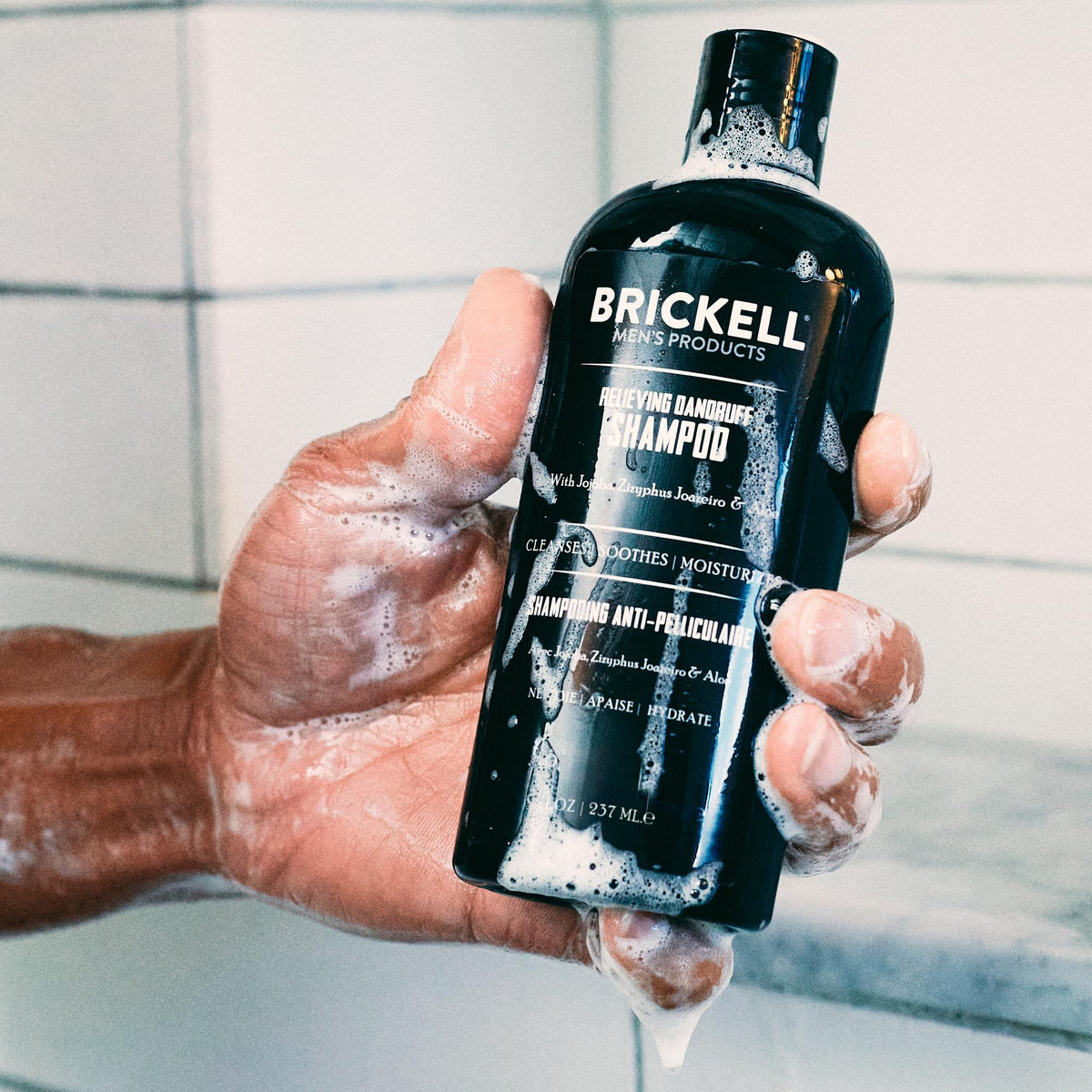 Brickell shampoo texture close-up showing creamy consistency and soothing feel