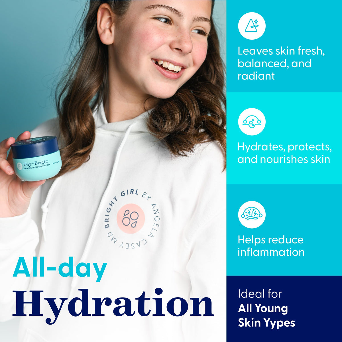 Bright Girl dispensing moisturizer from pump demonstrating easy application