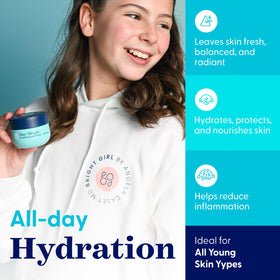 Bright Girl dispensing moisturizer from pump demonstrating easy application