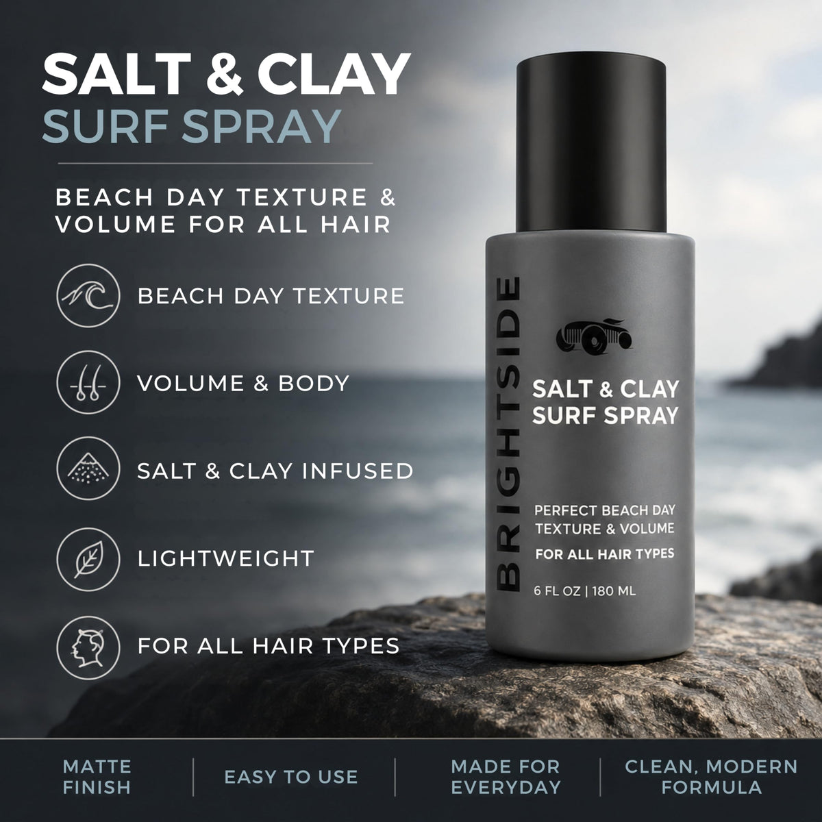 BRIGHTSIDE close-up of spray mist and clay texture promoting fuller hair