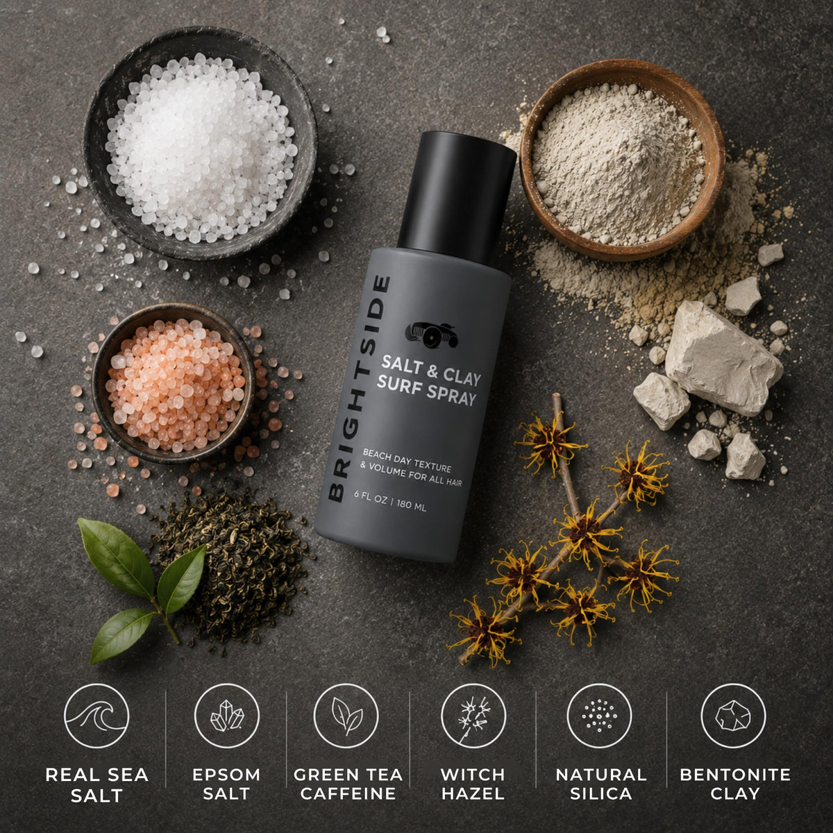 BRIGHTSIDE ingredients display with witch hazel and vitamin C for scalp care