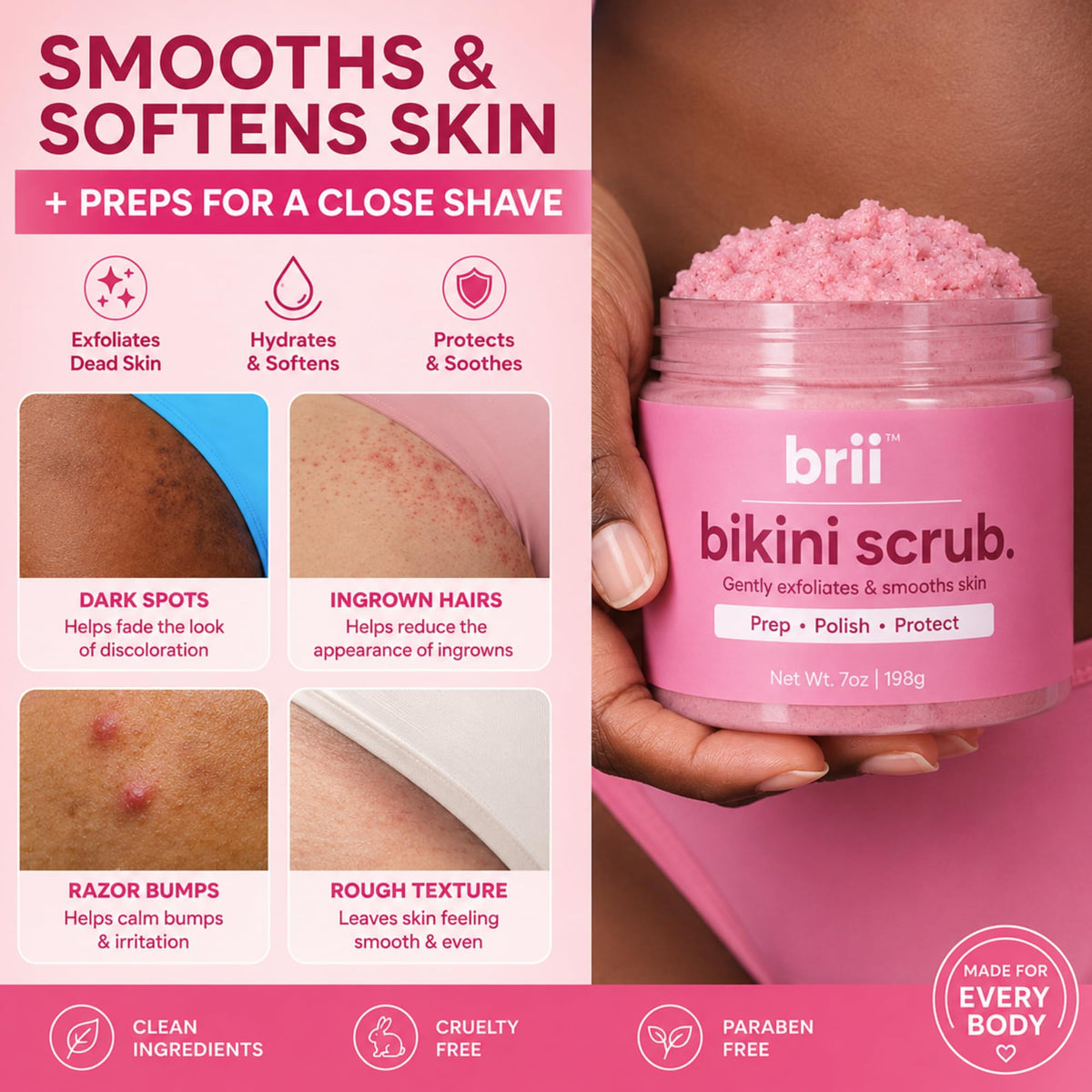 brii lifestyle shot using scrub on bikini area for smoother shave prep