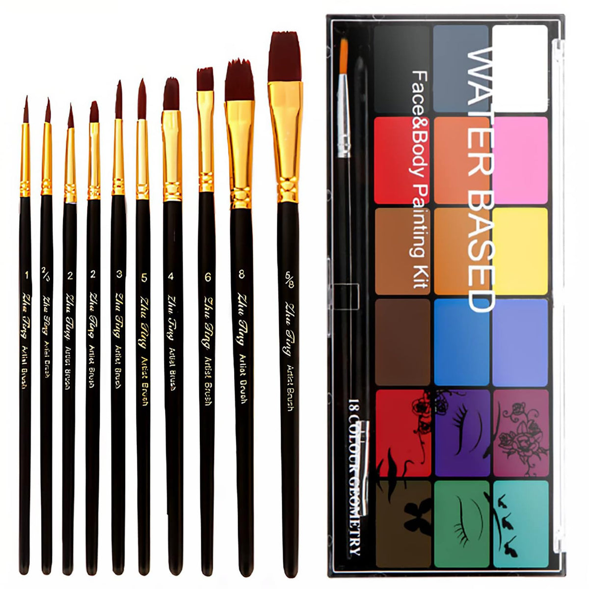 BRIMFULITE front packaging showing whole 18-color kit and included brushes, clear benefits