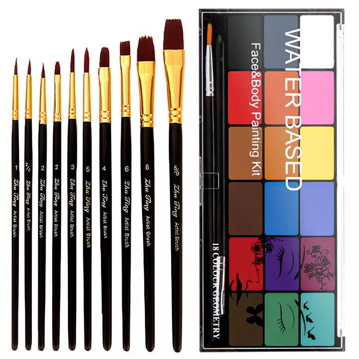 BRIMFULITE front packaging showing whole 18-color kit and included brushes, clear benefits