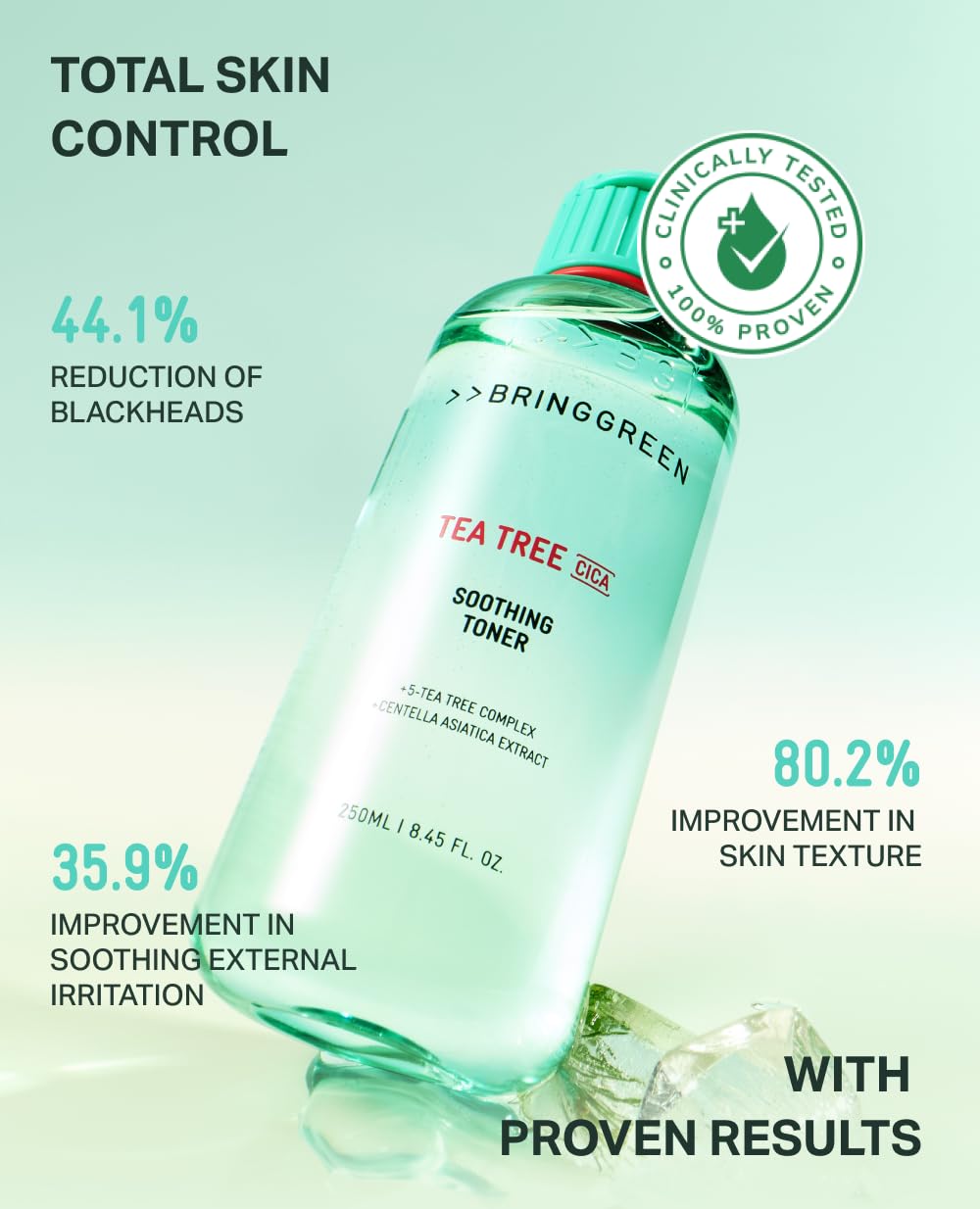 BRING GREEN with tea tree leaves and cica plant emphasizing soothing botanicals