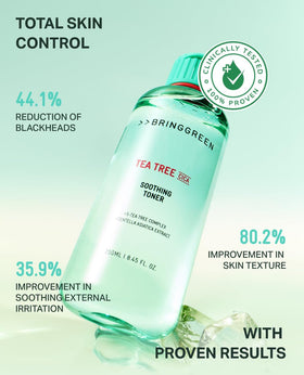 BRING GREEN with tea tree leaves and cica plant emphasizing soothing botanicals
