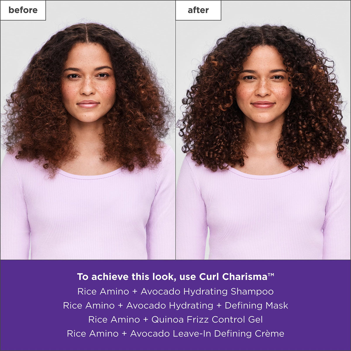 Briogeo before and after curls showing improved definition and bounce