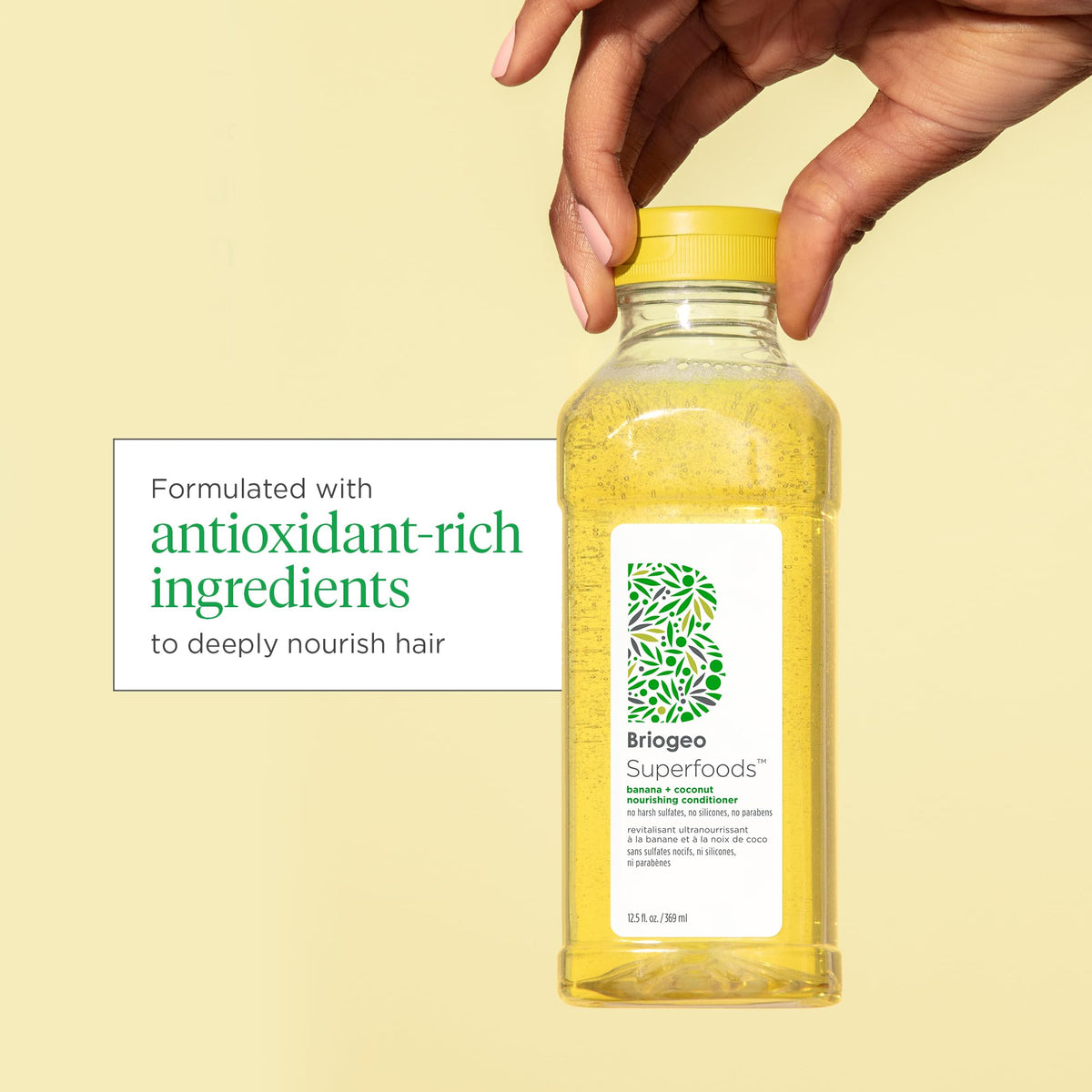 briogeo close-up of label highlighting natural ingredient list and benefits