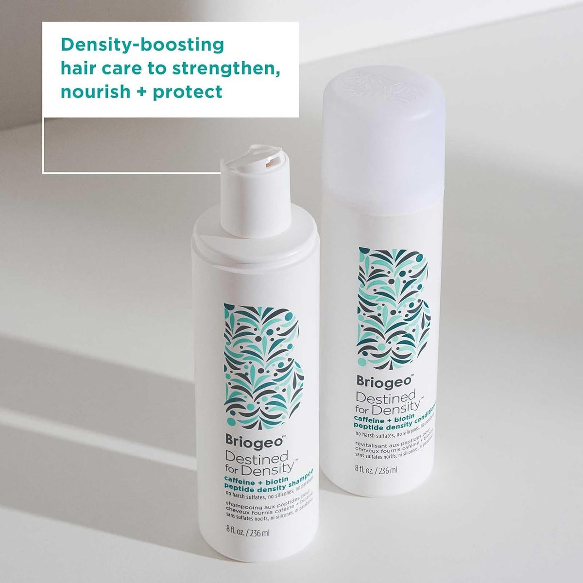 Briogeo duo on bathroom shelf portraying daily routine and visible volume benefit