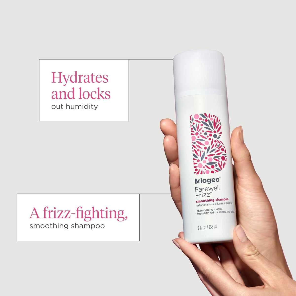 Briogeo shampoo lather in hand illustrating gentle cleansing and frizz control
