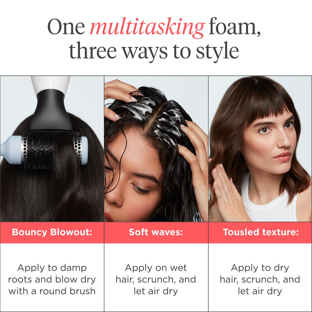 Curly hair defined and frizz-reduced after Briogeo foam application for curl definition