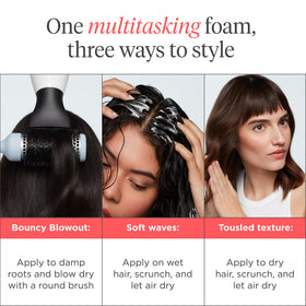 Curly hair defined and frizz-reduced after Briogeo foam application for curl definition