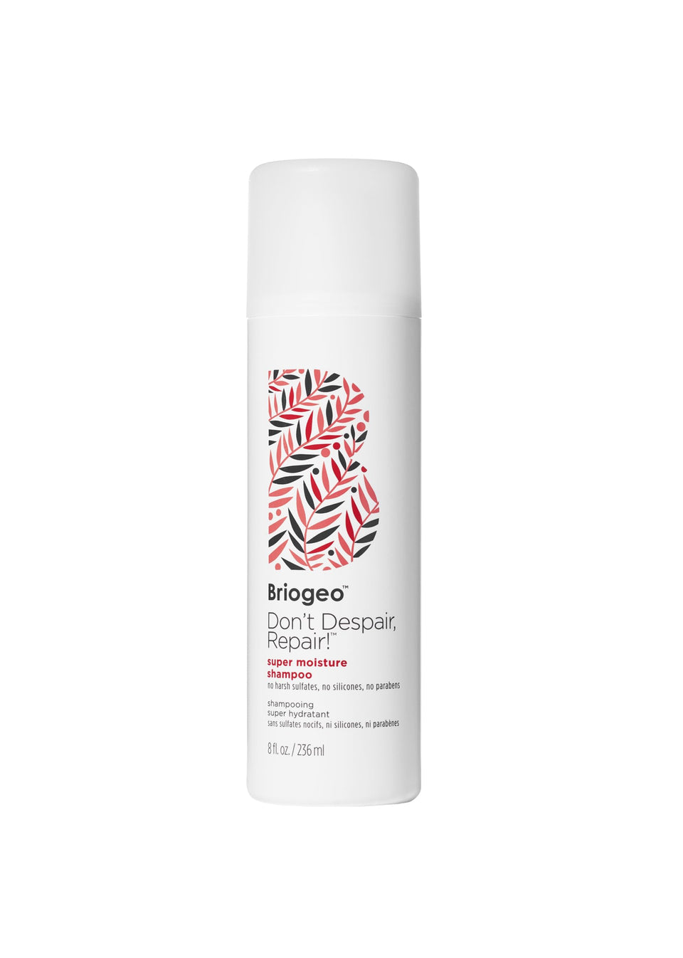 Briogeo front packaging showing Super Moisture Shampoo benefits and clean formula