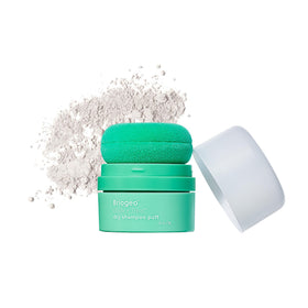 Briogeo front packaging showing compact translucent dry shampoo puff and benefit of root refresh
