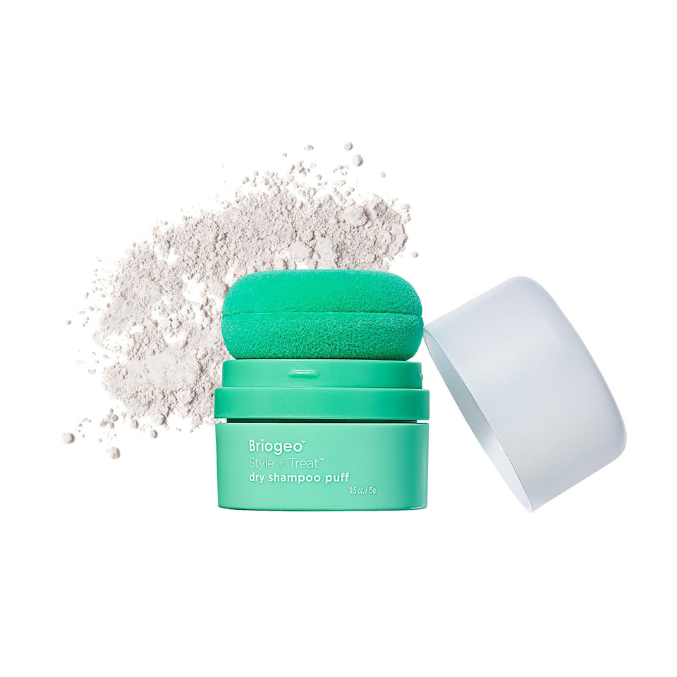 Briogeo front packaging showing compact translucent dry shampoo puff and benefit of root refresh