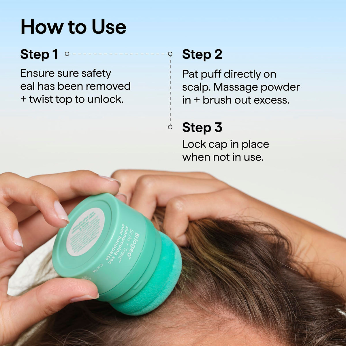 Briogeo puff held in hand to show 0.5 oz compact size for travel convenience