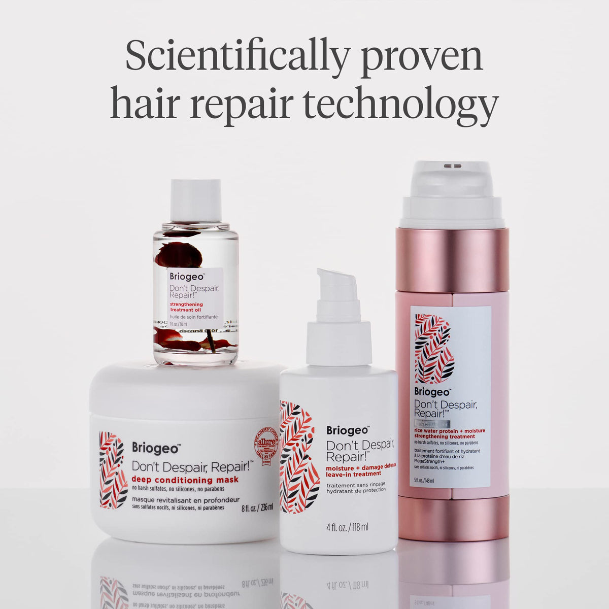 Briogeo natural oils and ceramides ingredients flatlay signaling repair benefits