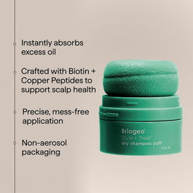 Briogeo puff in a travel bag illustrating on-the-go root touch-ups and convenience