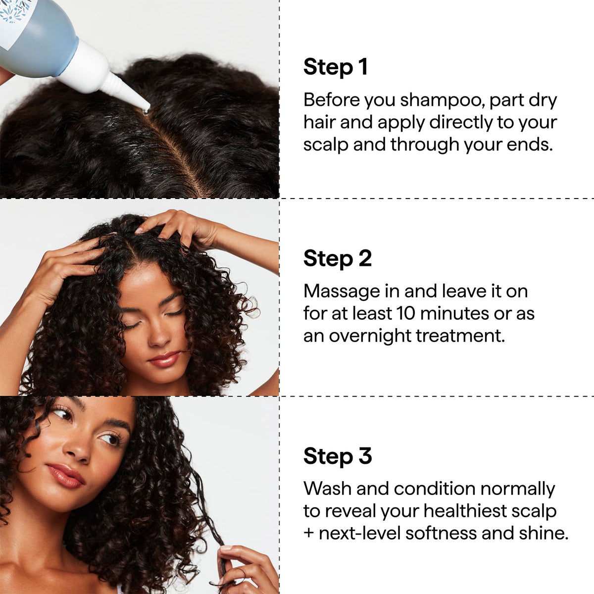 Applying Briogeo oil to scalp with fingertips, depicting soothing massage and improved circulation
