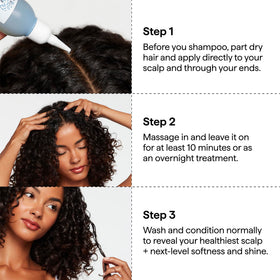 Applying Briogeo oil to scalp with fingertips, depicting soothing massage and improved circulation