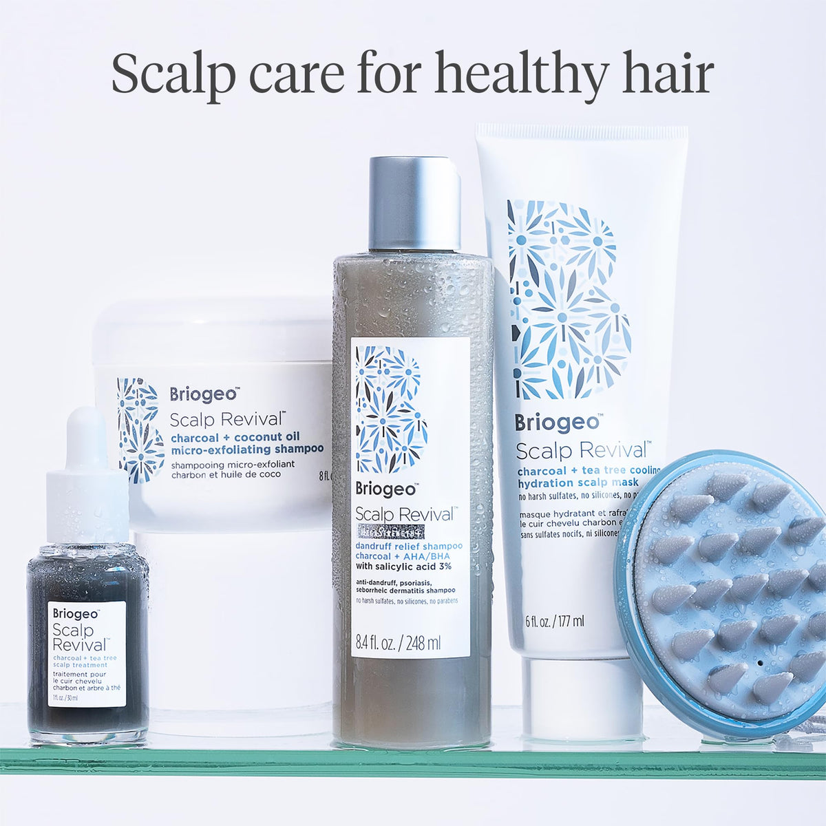 Briogeo mask staged in bathroom setting suggesting at-home spa-like scalp relief