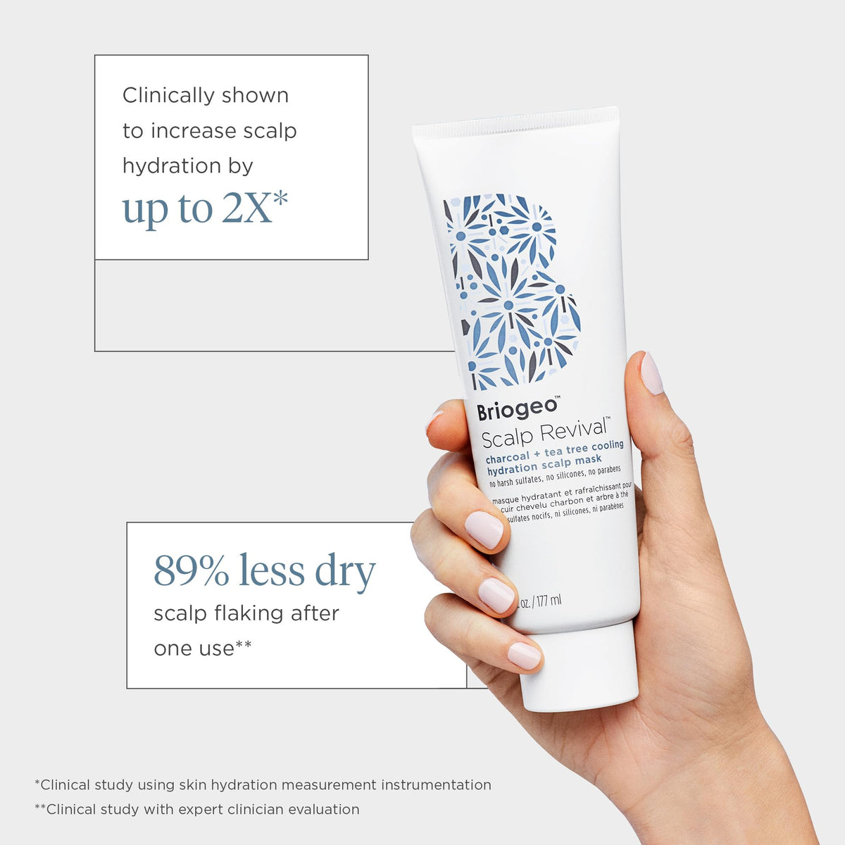 Briogeo side label detail showing clean, vegan formula and ingredient highlights
