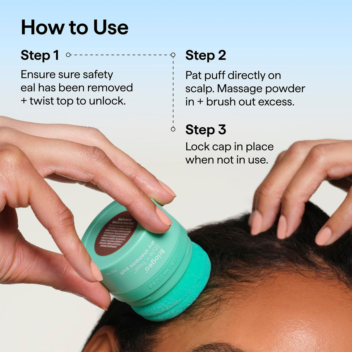 Briogeo puff held in hand to show compact 0.5 oz travel size