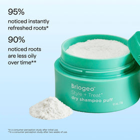 Briogeo powder blended into dark hair showing invisible finish and oil control