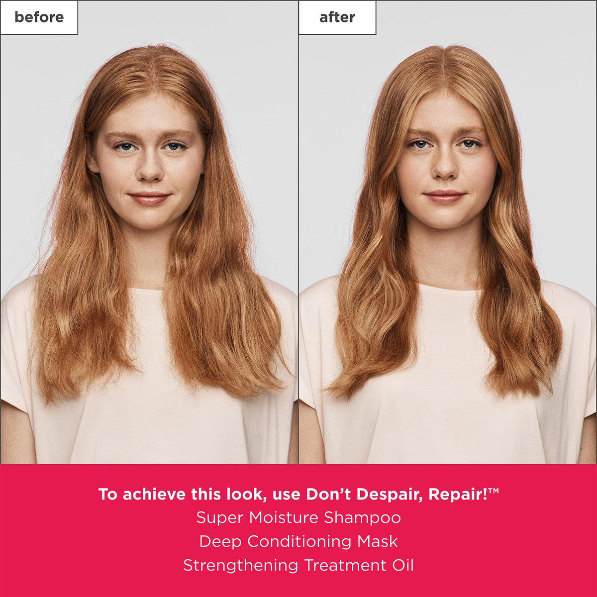 Briogeo before and after hair comparison showing reduced split ends and smoother texture