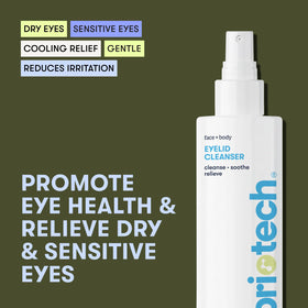 BRIOTECH spray nozzle releasing fine mist for quick, gentle eyelid cleansing