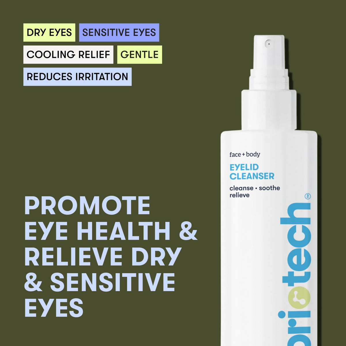 BRIOTECH nozzle close-up producing fine mist for gentle lid cleansing and cooling relief