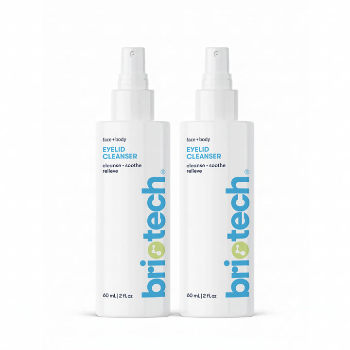 BRIOTECH front packaging 2oz spray clearly labeled travel two-pack, supports daily eyelid hygiene