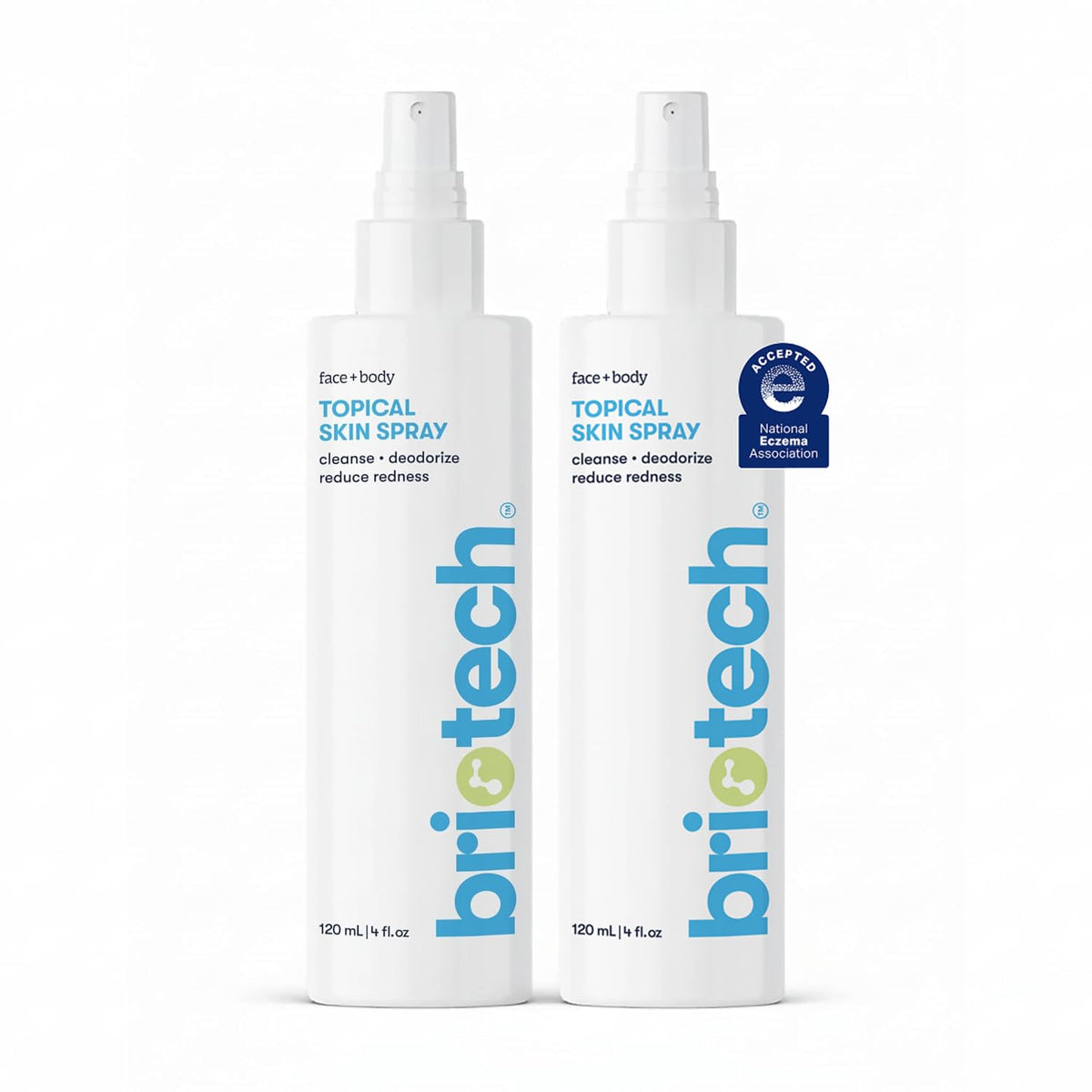 BRIOTECH front packaging showing two 4 oz bottles and clear label, calming skin