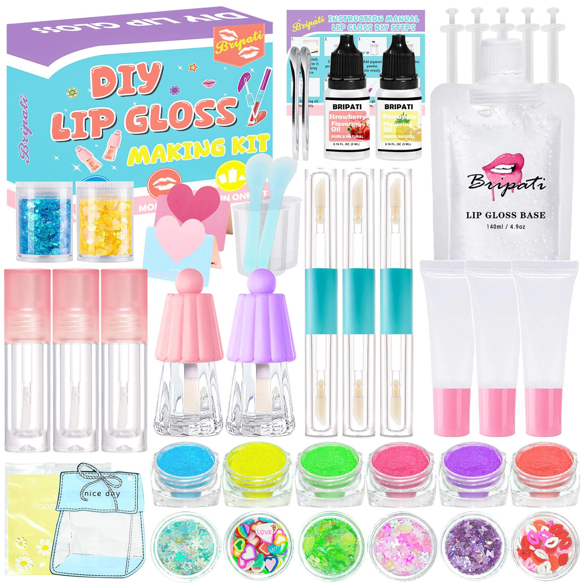 BRIPATI front packaging showing complete DIY lip gloss kit and components